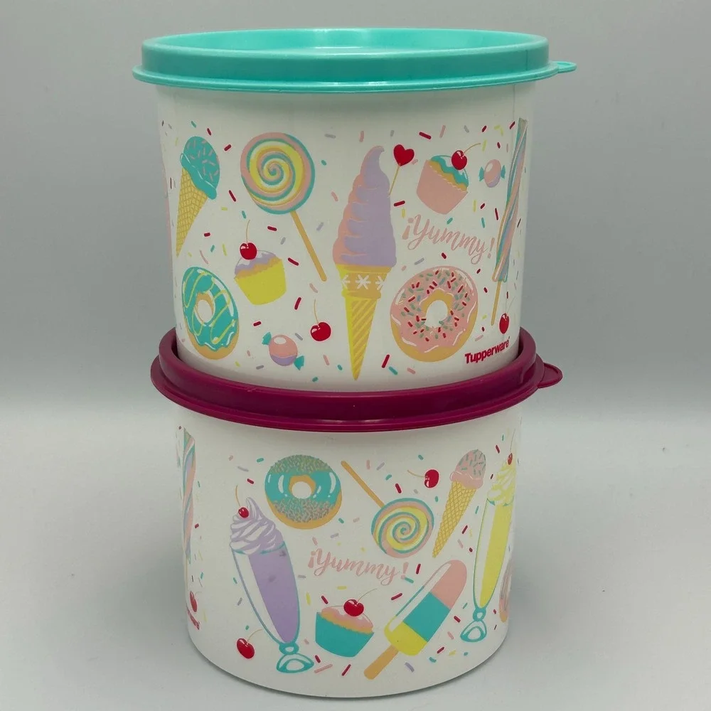 Tupperware Sweet Treats 2 Piece Set Stacking Lids Canisters Ice Cream Candy Teal